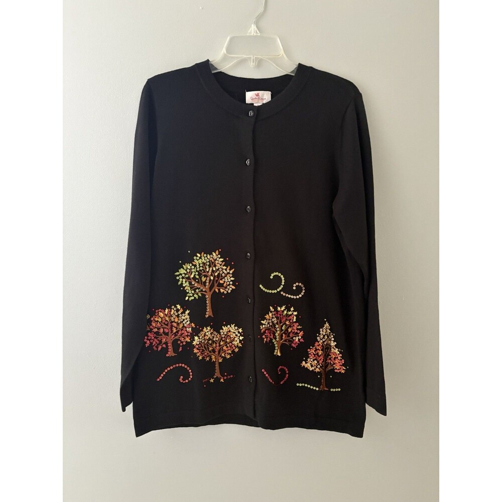 Quacker Factory Cardigan Sweater Size M Black Fall Leaves Embroidered Sequin